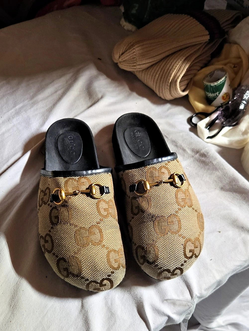 Gucci GG Canvas Horsebit Slide Sandals Brown & Black